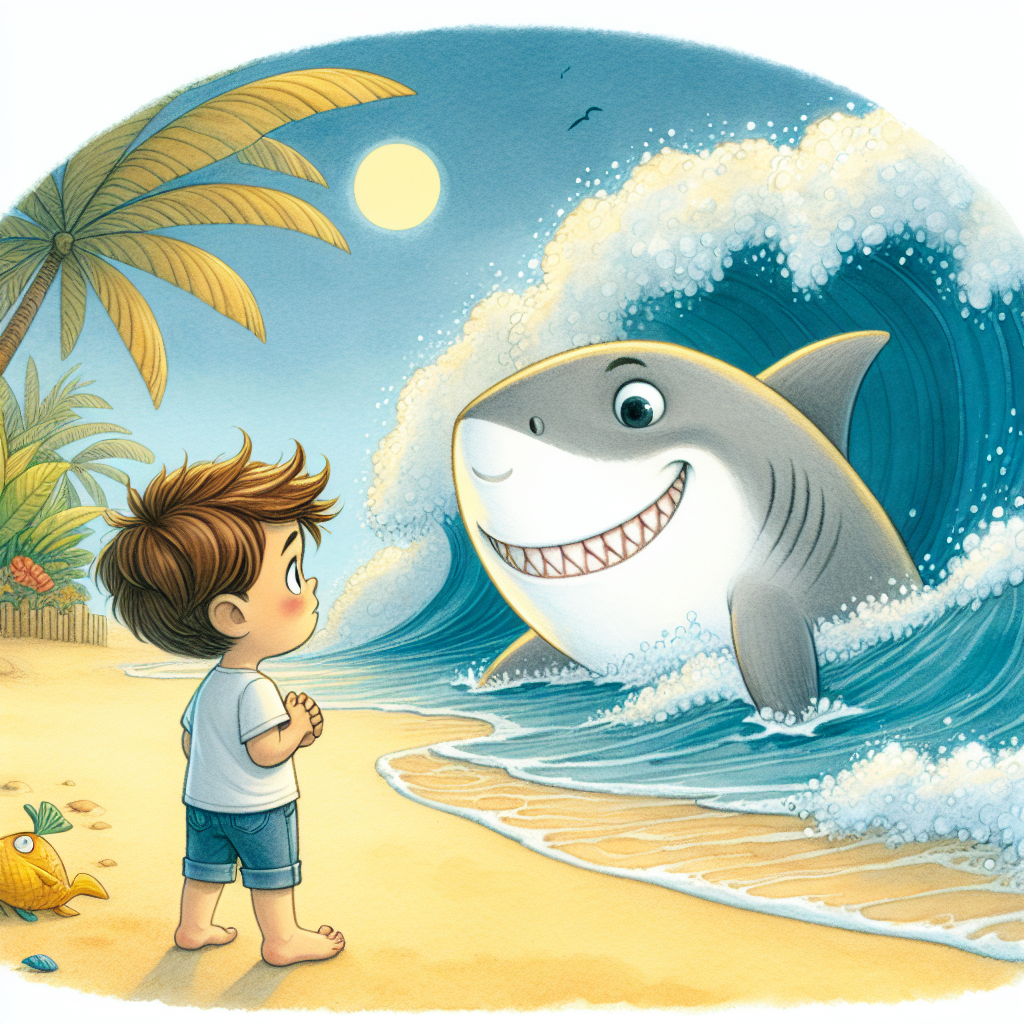 Exemplo de ilustração infantil gerada pelo Conta pra Mim, com Lucas e o tubarão Tuba no mar das descobertas